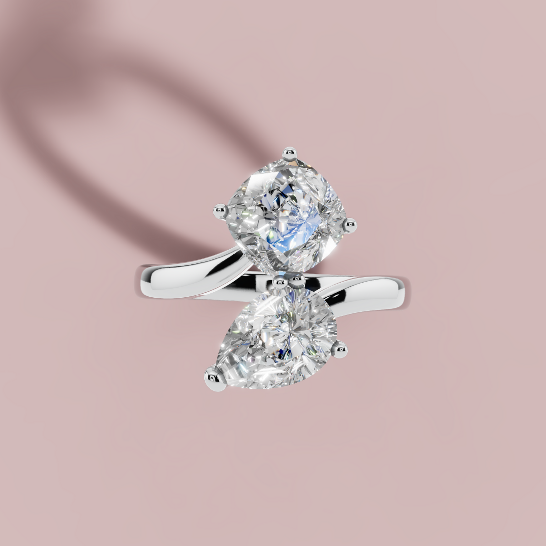 Pear & Cushion Dual Solitaire 925 Pure Silver  Ring My Store