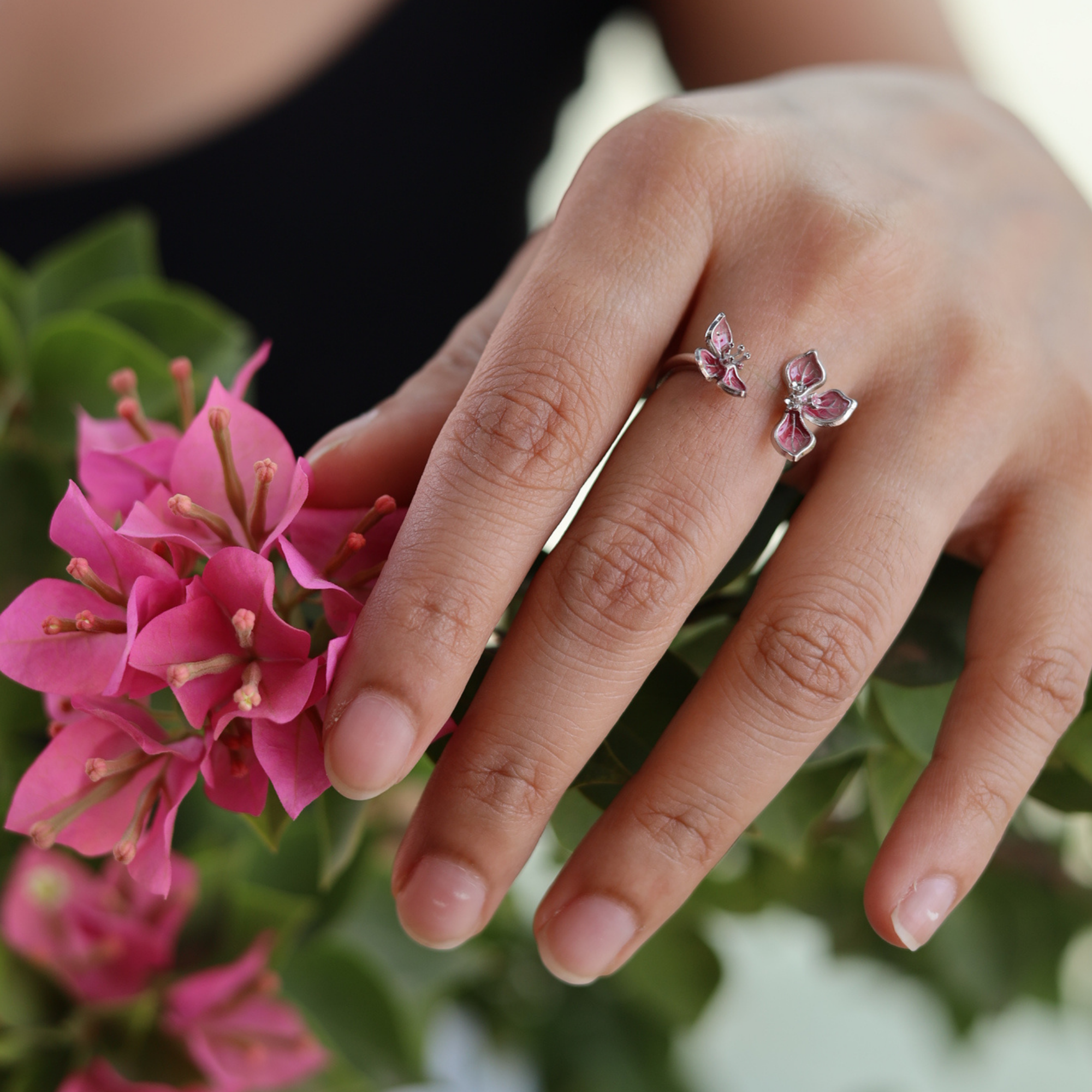 Bougainvillea Bloom 925 Silver Open Ring | Velmé