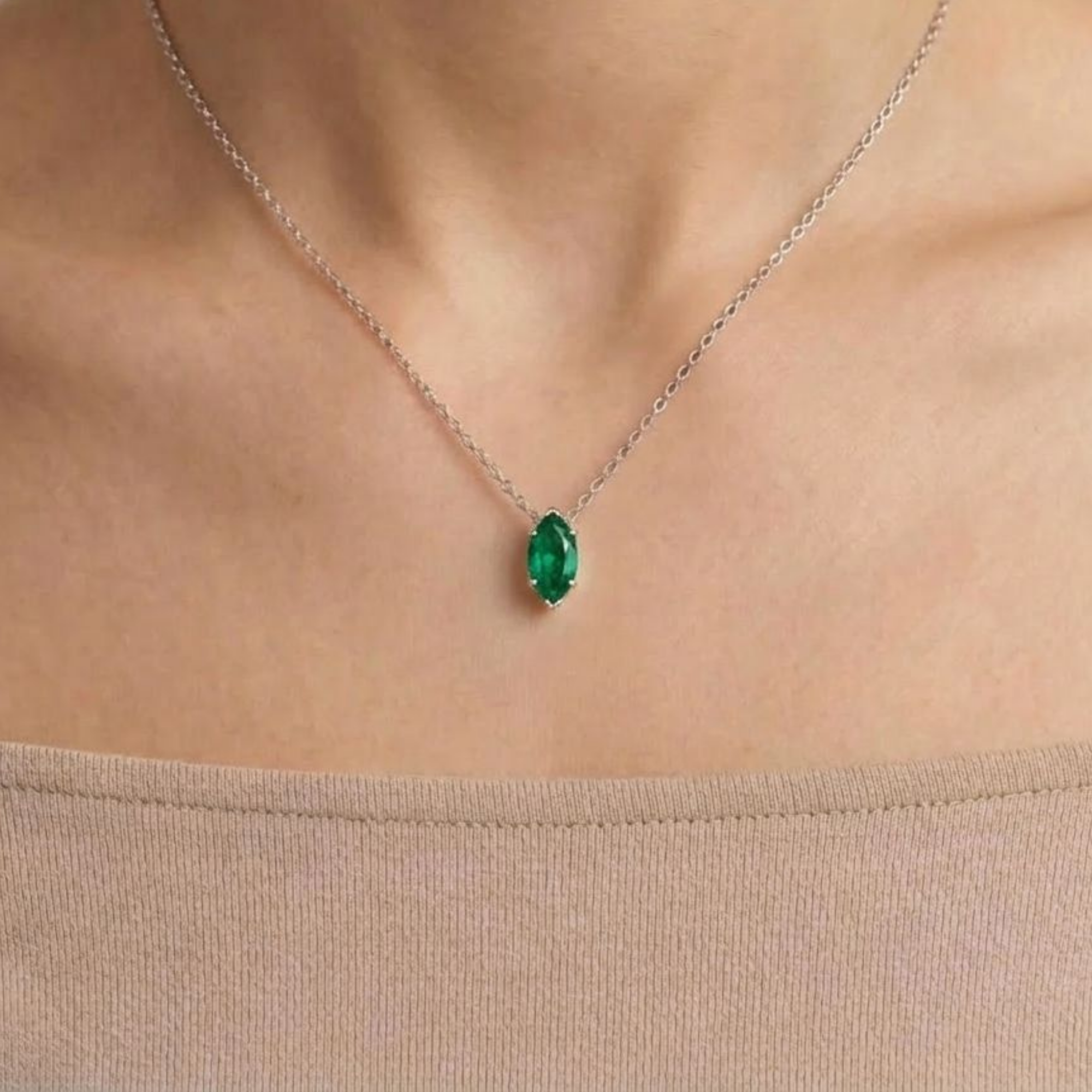 Green Marquise Solitaire 925 Silver Necklace | Velmé