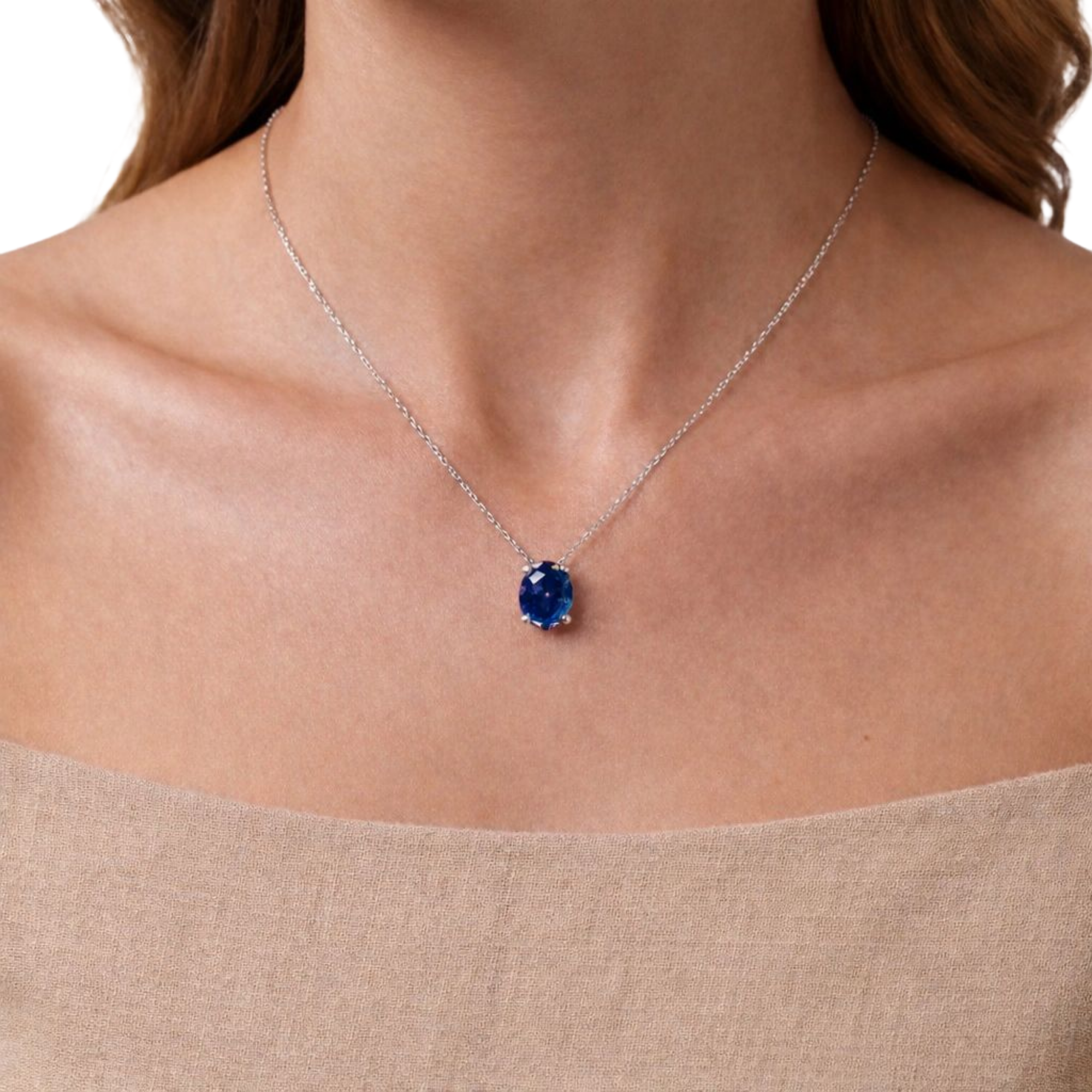 Blue Oval Solitaire 925 Silver Necklace | Velmé