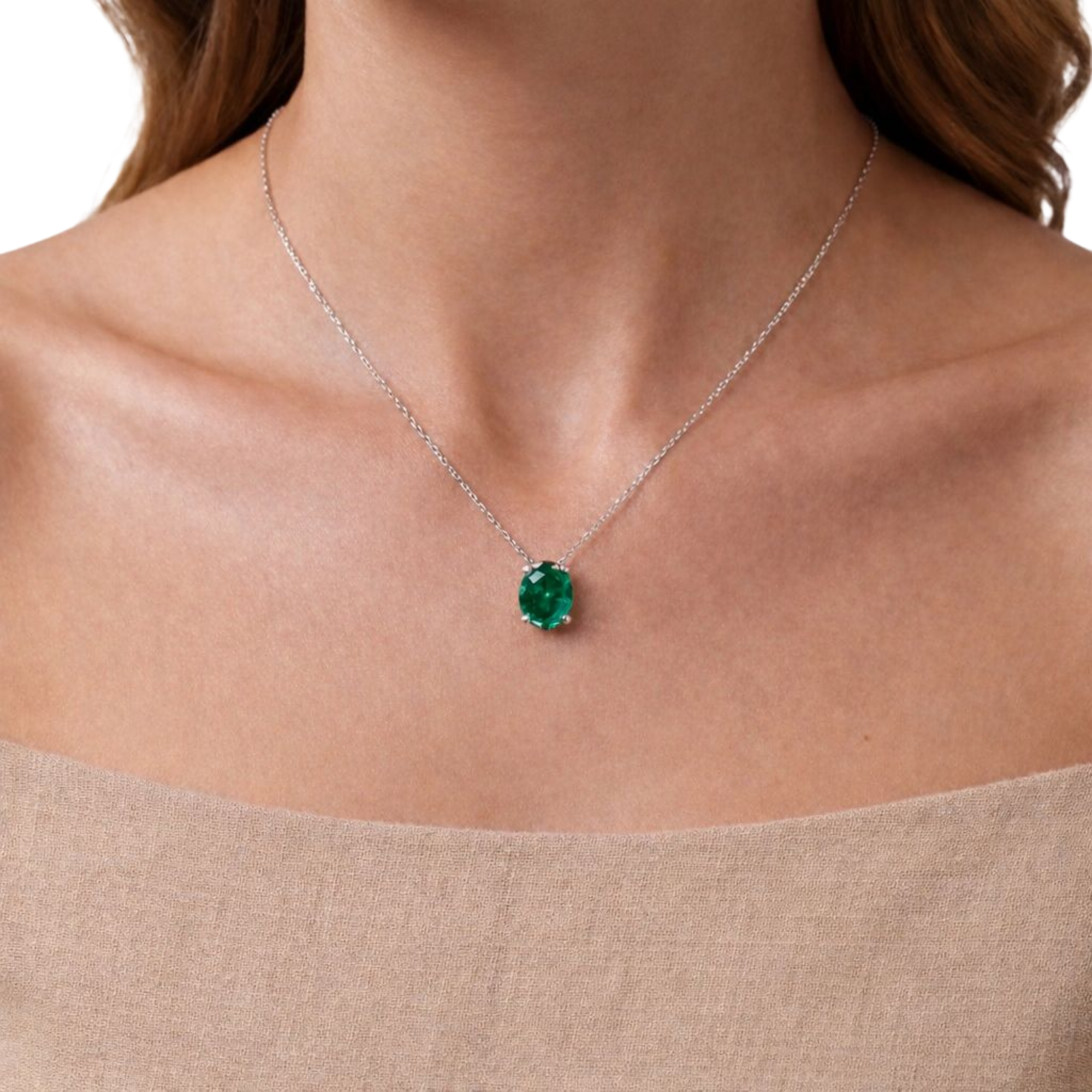 Green Oval Solitaire 925 Silver Necklace | Velmé