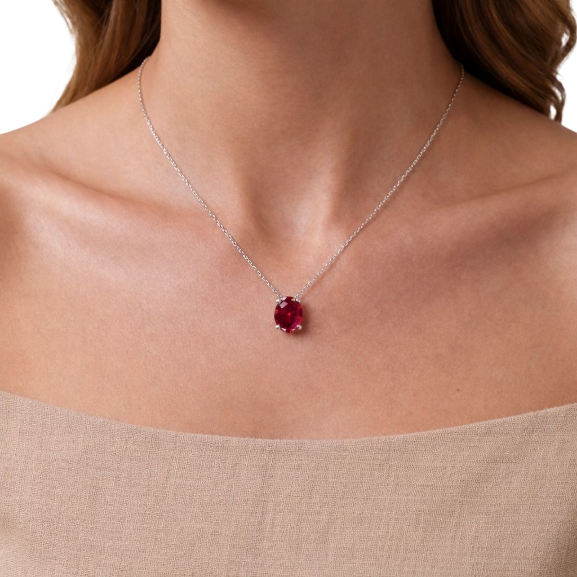 Red Oval Solitaire 925 Silver Necklace | Velmé