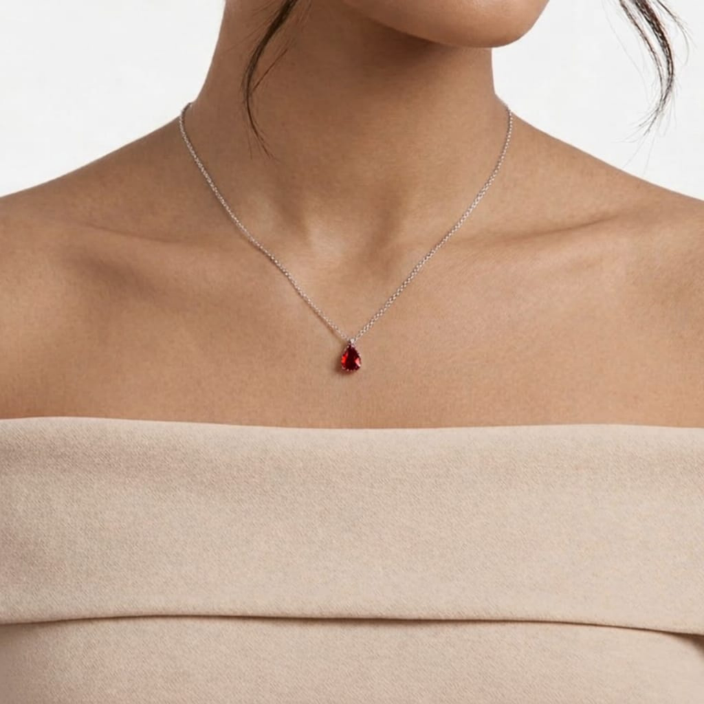 Red Pear Solitaire 925 Silver Necklace | Velmé