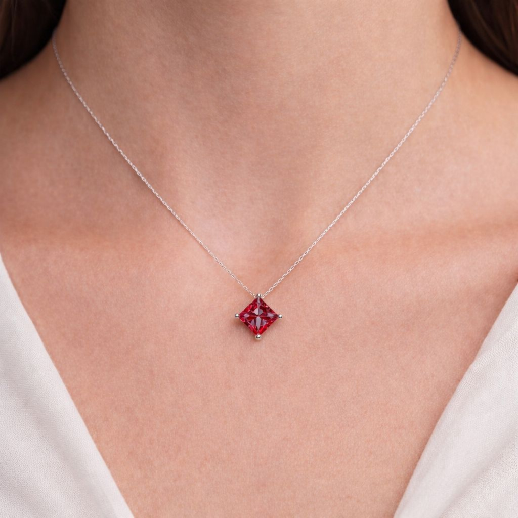 Red Princess Solitaire 925 Silver Necklace | Velmé