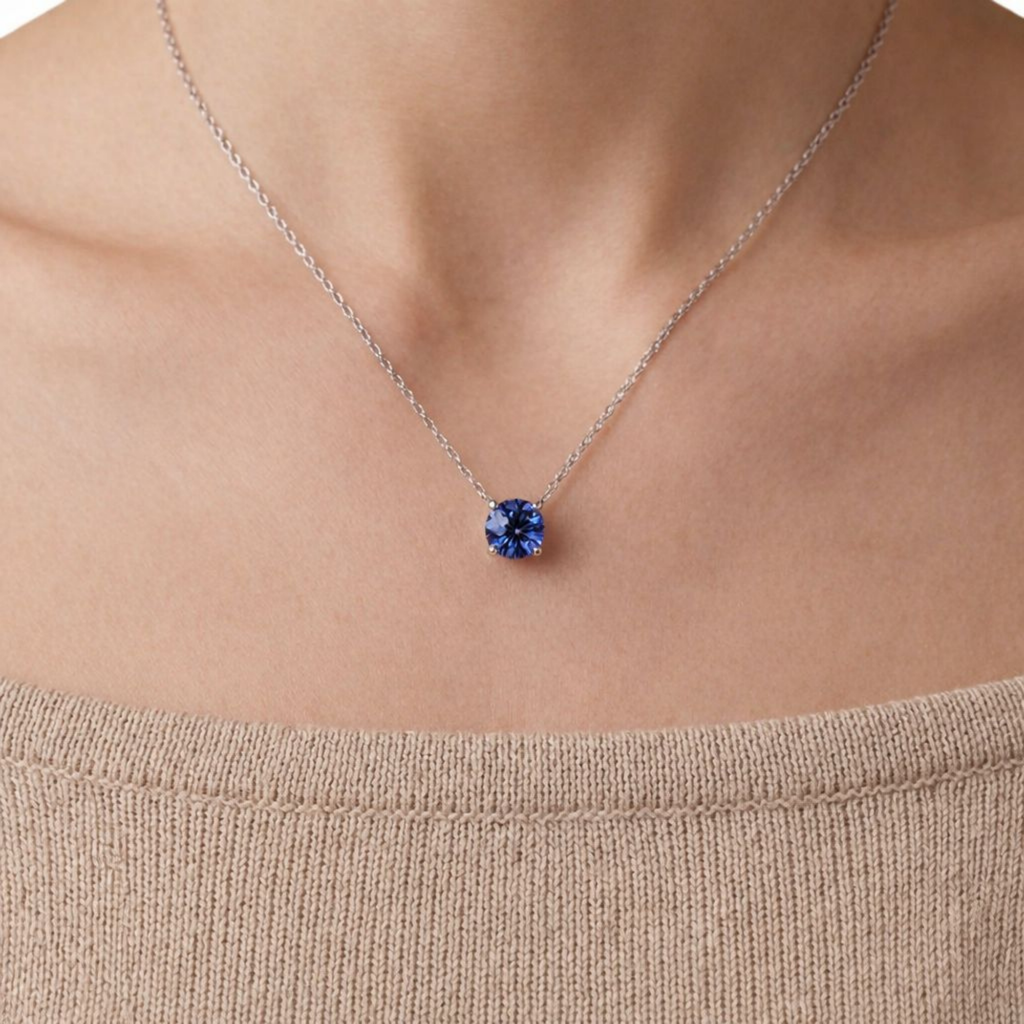 Blue Round Solitaire 925 Silver Necklace | Velmé