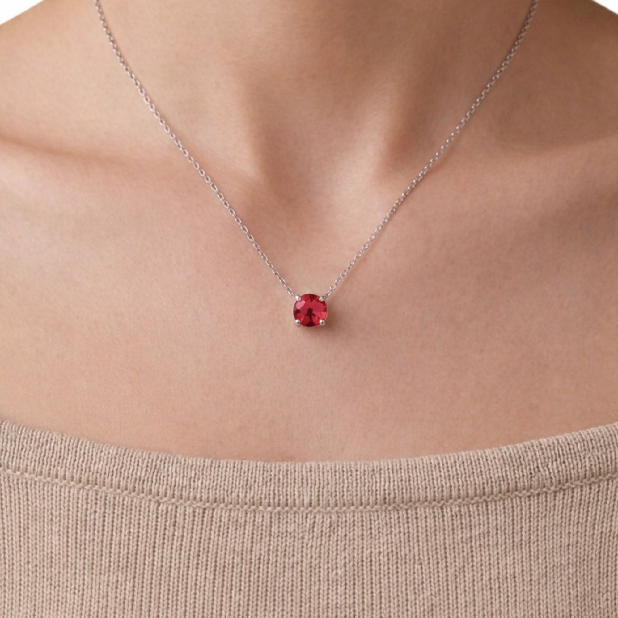 Red Round Solitaire 925 Silver Necklace | Velmé